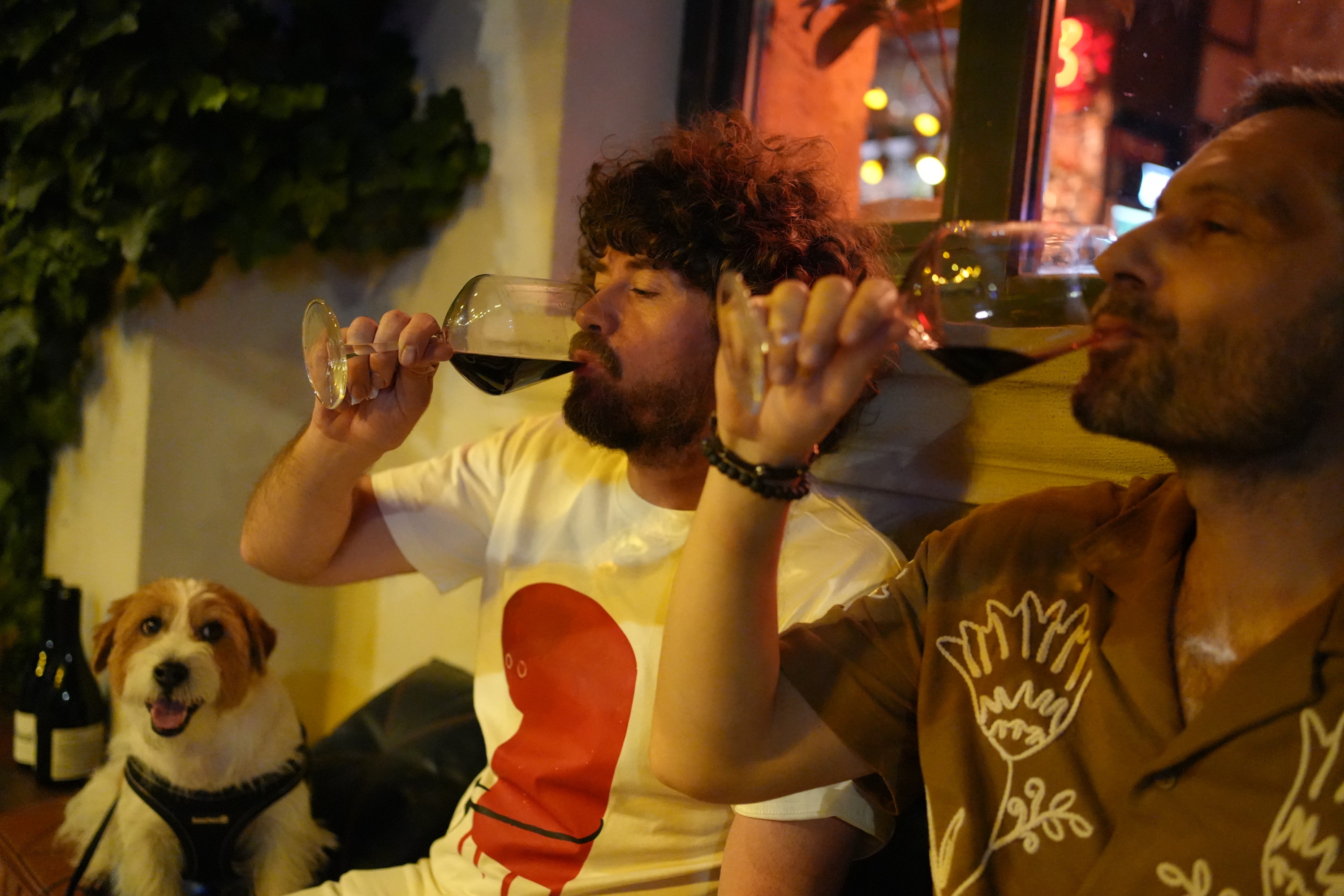 Doi dintre băieți bând vin, cu Taras privind de jos