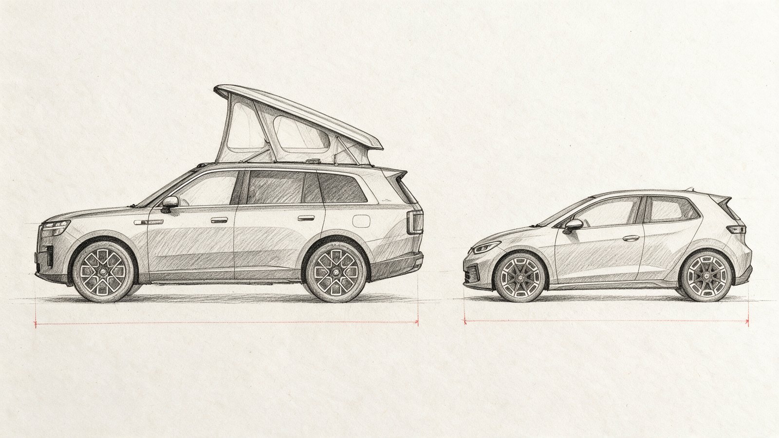 Pencil sketch: the Chinese camper and the European city car, drawn side by side at the same scale