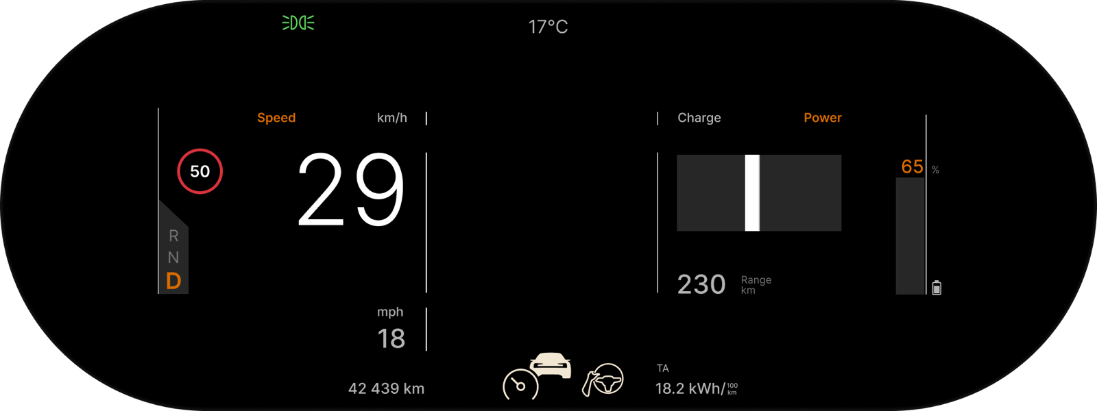 A 1:1 reconstruction of the driver display in Calm mode: speed on the left, power and battery on the right, an empty centre