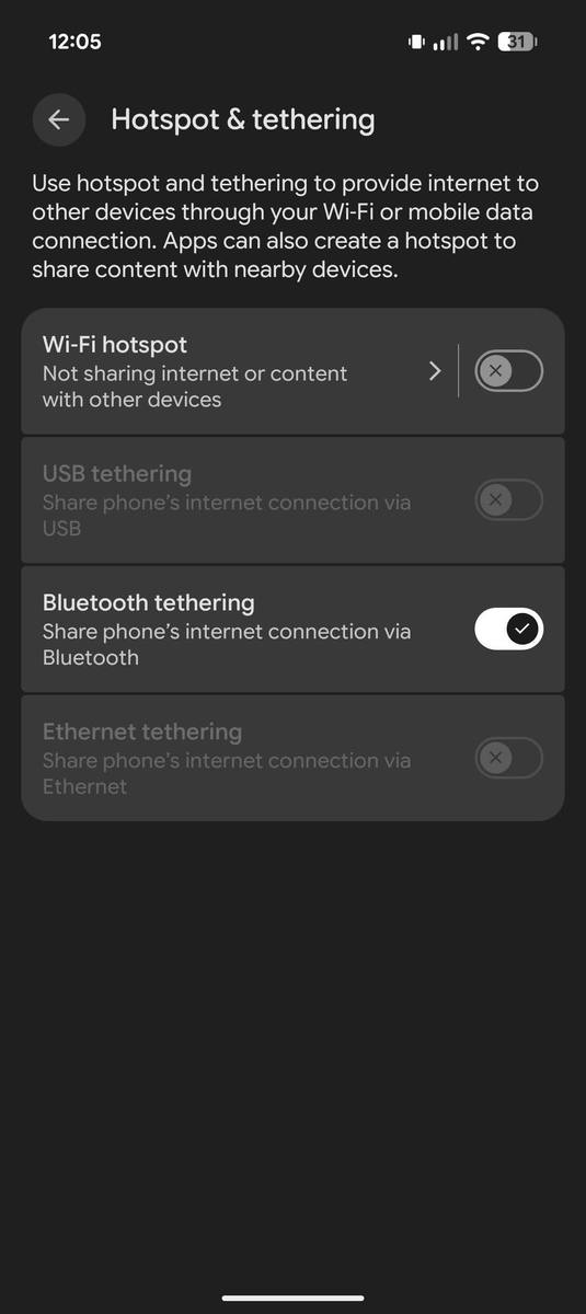 The phone: Bluetooth tethering enabled