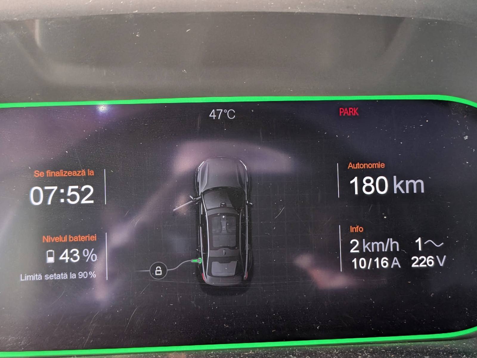 The dashboard while charging: 47°C outside, charging speed 2 km/h
