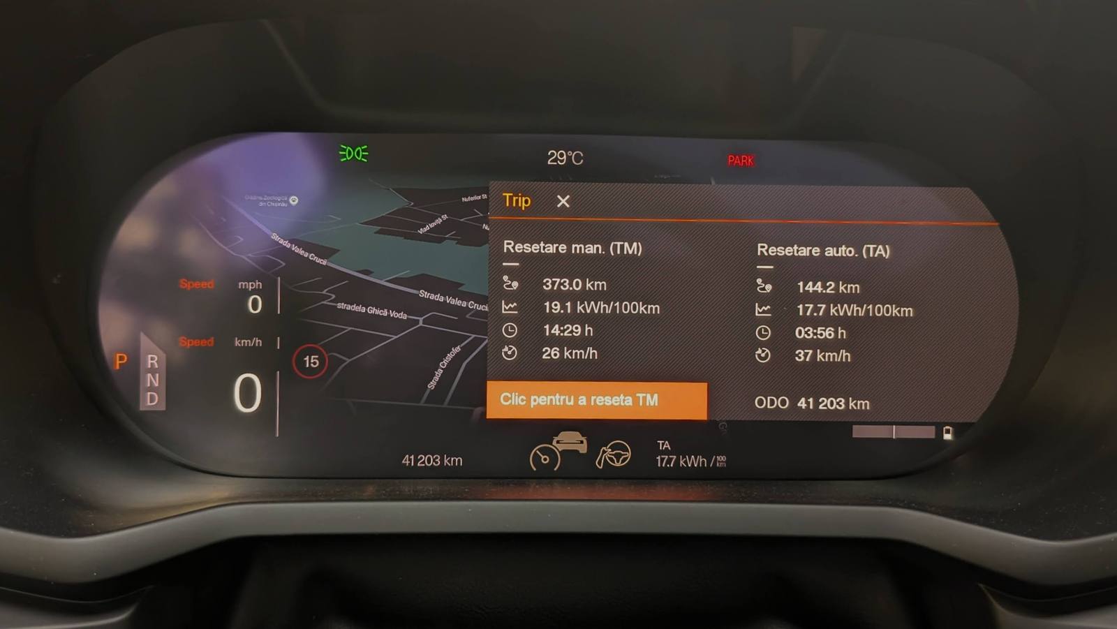 The dashboard: 144.2 km, 17.7 kWh/100 km, 3:56 h, 37 km/h average
