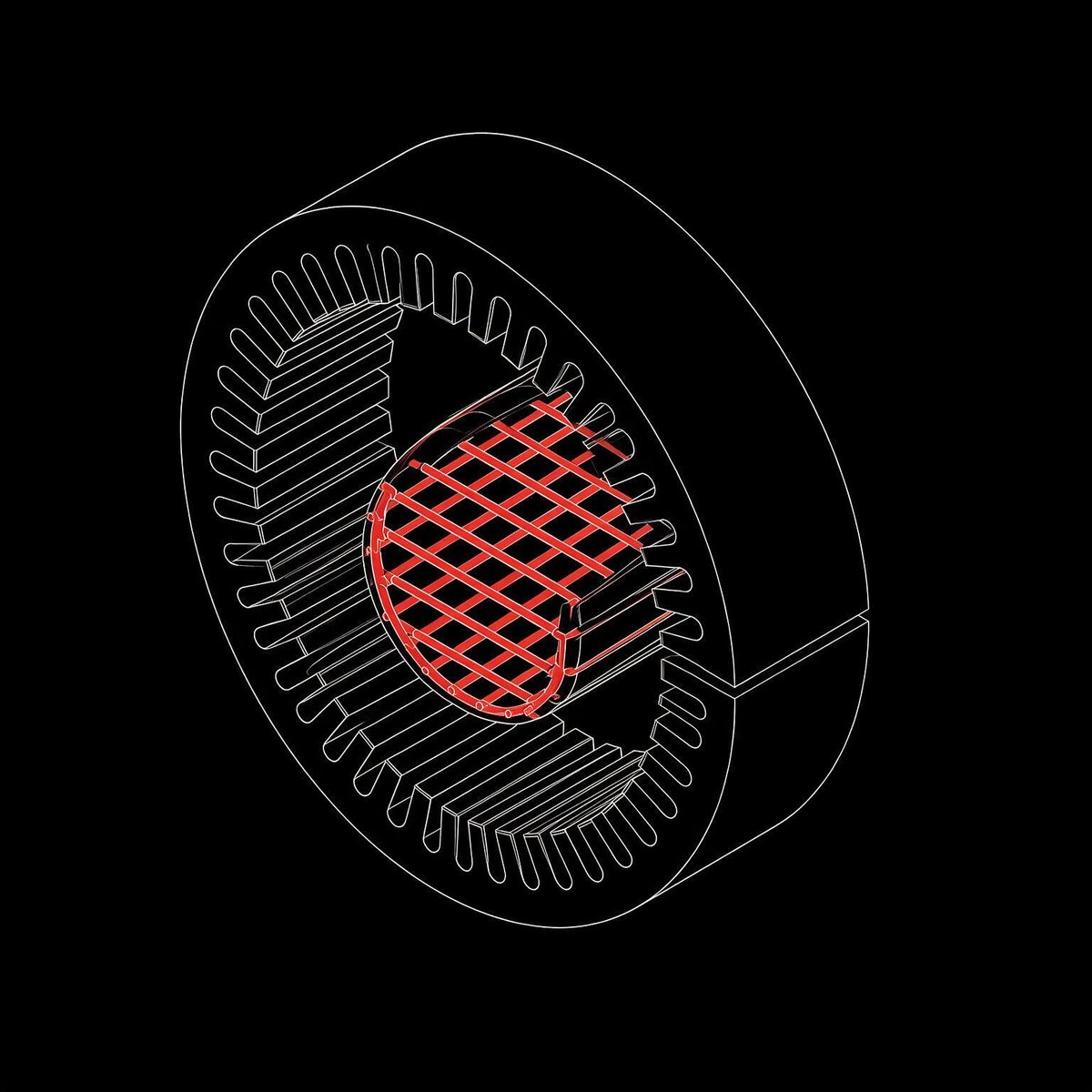 Squirrel-cage rotor in red inside the sectioned stator
