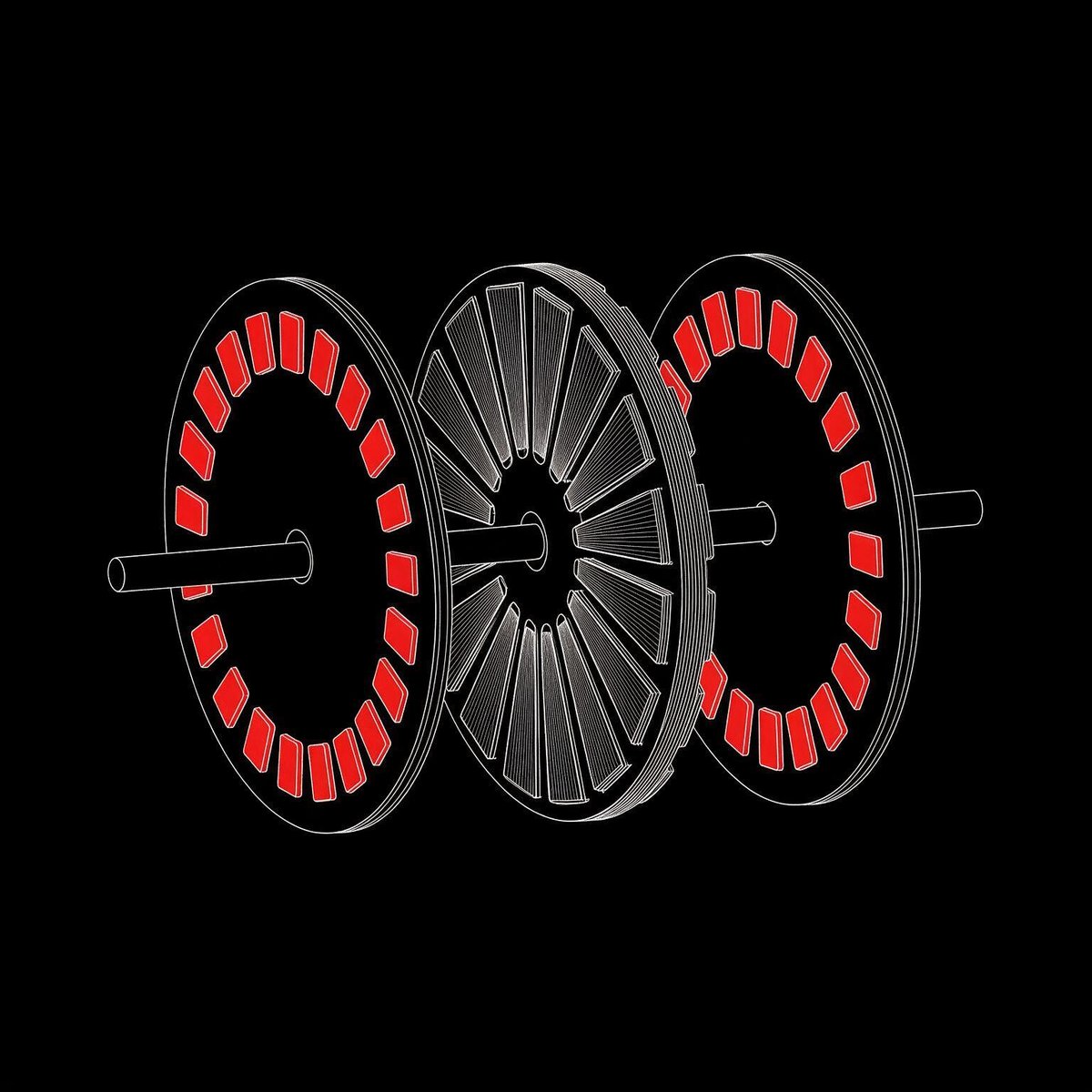Axial flux motor, exploded: two rotor discs with magnets and the stator disc between them