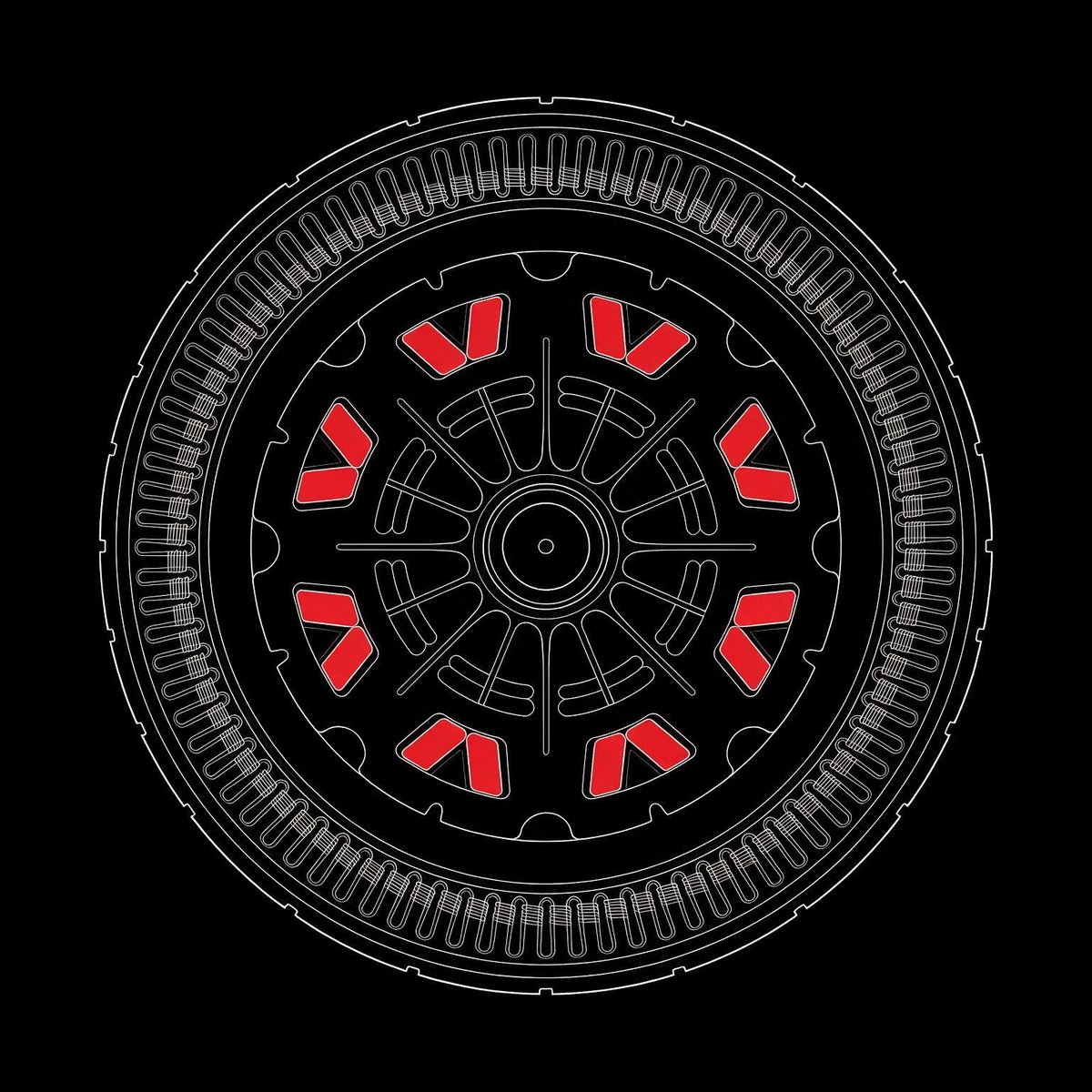 PMSM cross-section: red V-shaped magnets embedded in the rotor